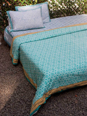 Turquoise Geometrical Block Printed Cotton Duvet Cover - Pinklay