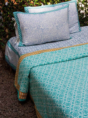 Turquoise Geometrical Block Printed Cotton Duvet Cover - Pinklay