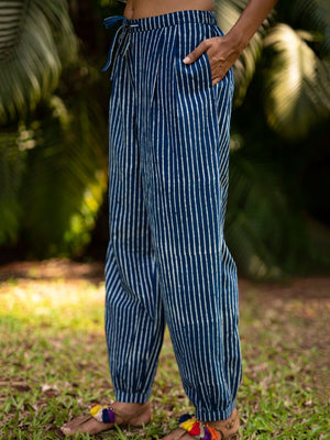 Indigo Stripes Cotton Lantern Pants - Pinklay
