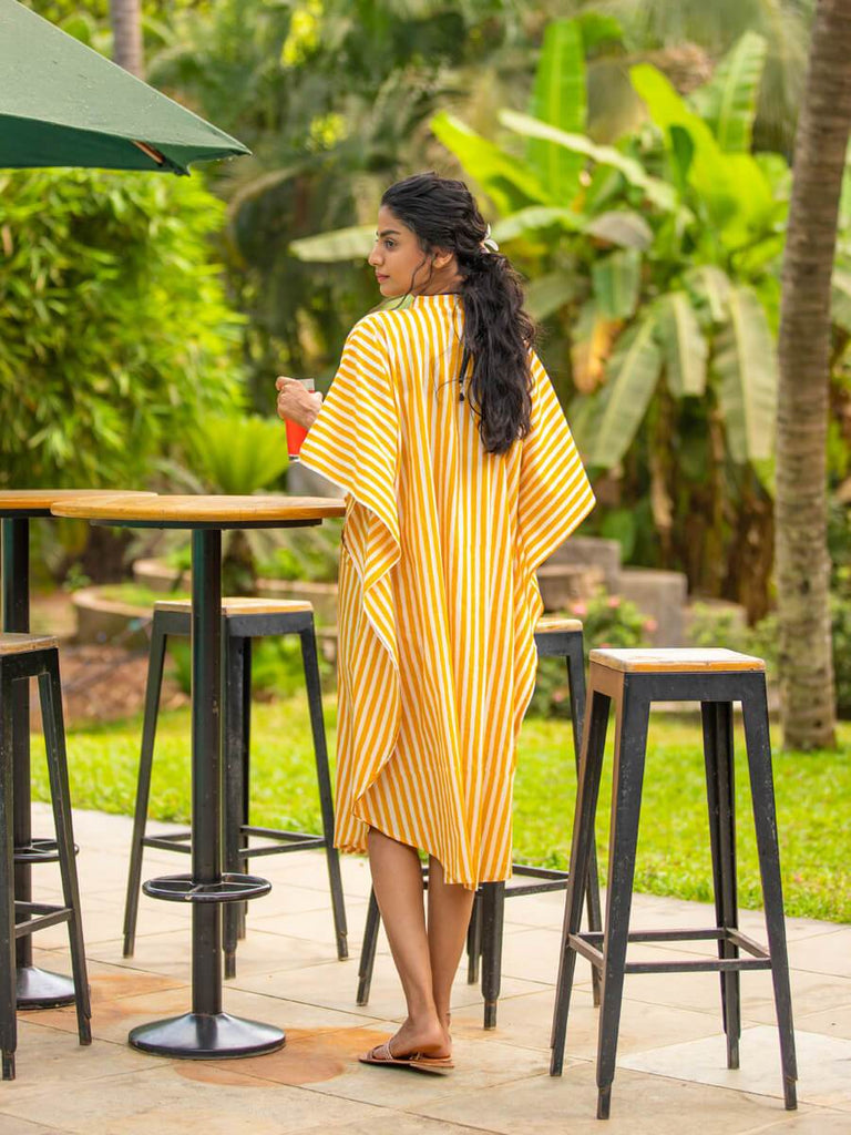Yellow Stripes Kaftan Cotton Shirt Dress - Pinklay