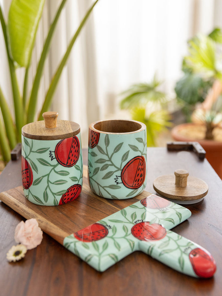 Set of 3 - Amarabati Wooden Jars and Platter - Pinklay