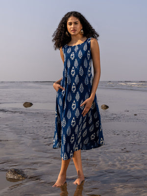 Raha Indigo Sleeveless Cotton Dress/Kurta - Pinklay