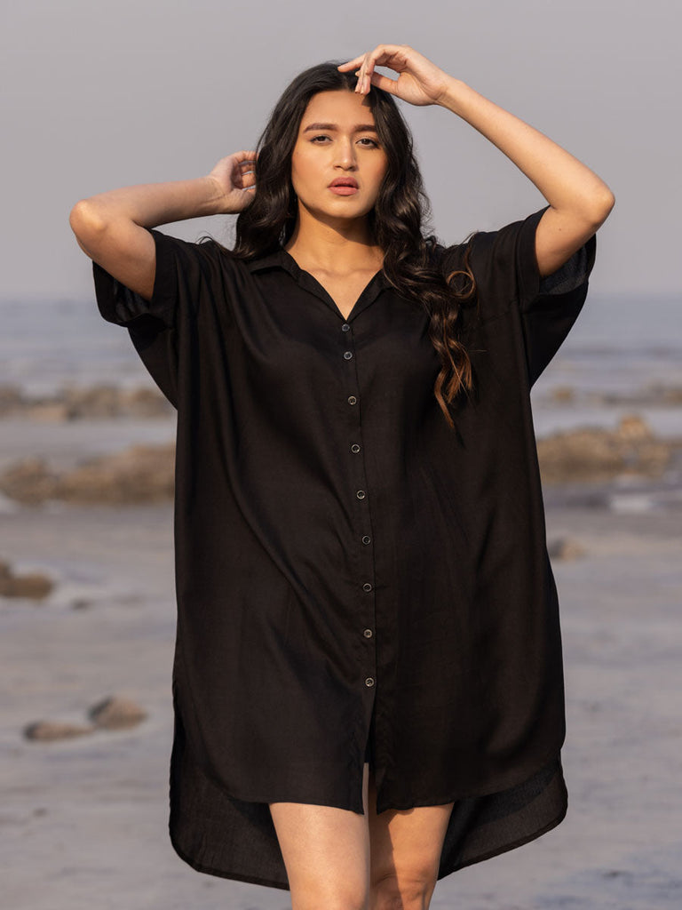 Sajdaa Black Oversized Asymmetrical Long Shirt