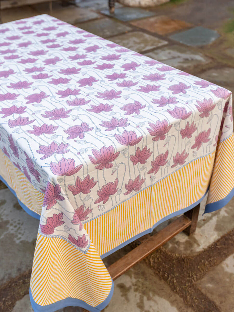 Purple Lotus Hand Block Print Cotton Table Cover - Pinklay